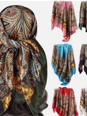 2 pack 
Paisley Satin Headscarf in Olive Green and Mustard
